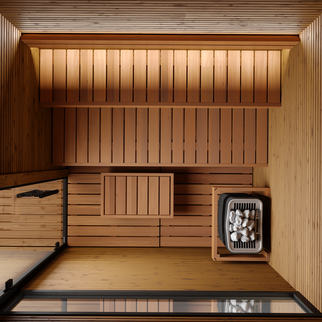 totonoüの北欧産・屋外用キャビンサウナ「Auroom Kaia L」窓あり・俯瞰で見た内装・ベンチ(5-6人用 / 家庭用サウナ / 事業用サウナ)